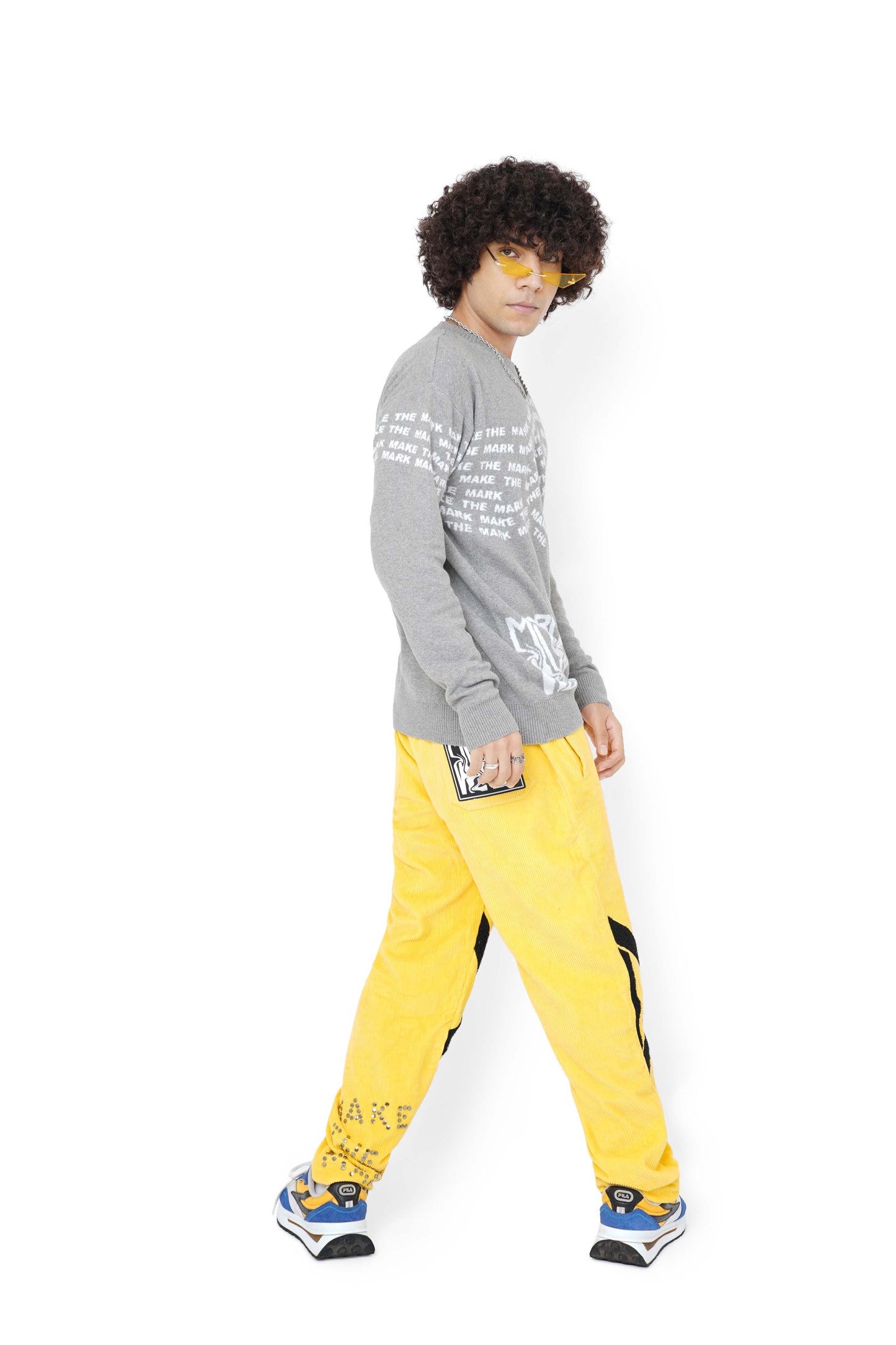 Smokey Grey Graphic Knitted Sweatshirt & Sporty Yellow Monogram Pants Set