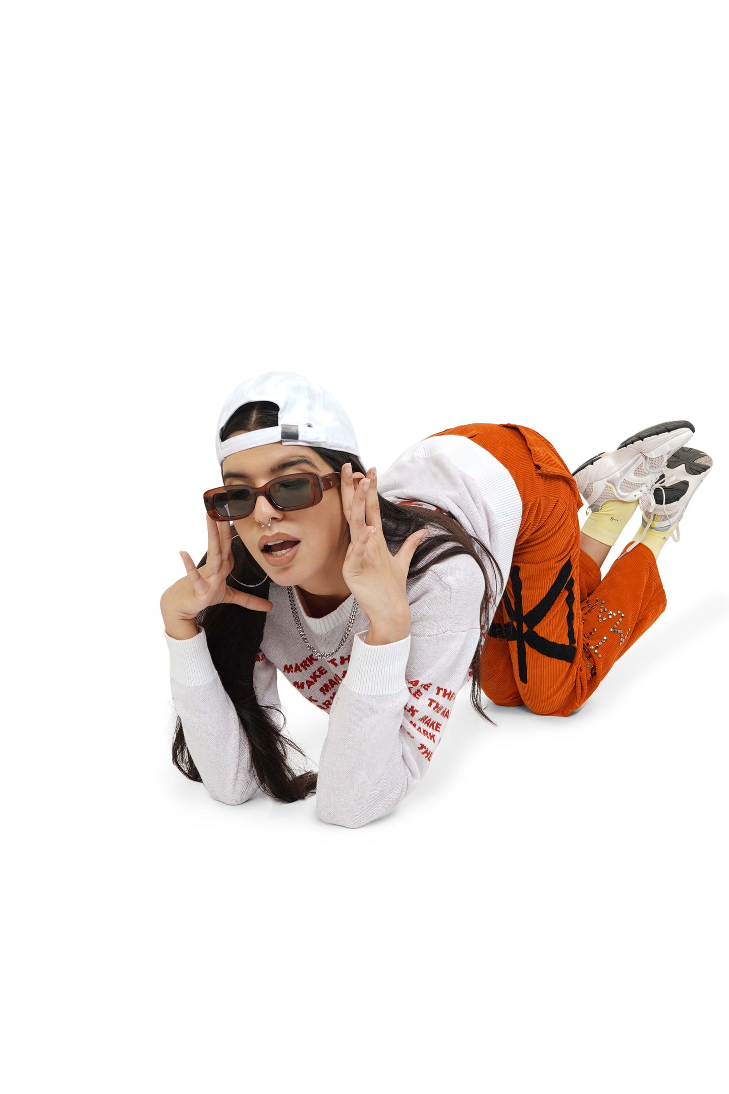 Orange Tan Graphic Knitted Sweatshirt & Monogram Pant Set