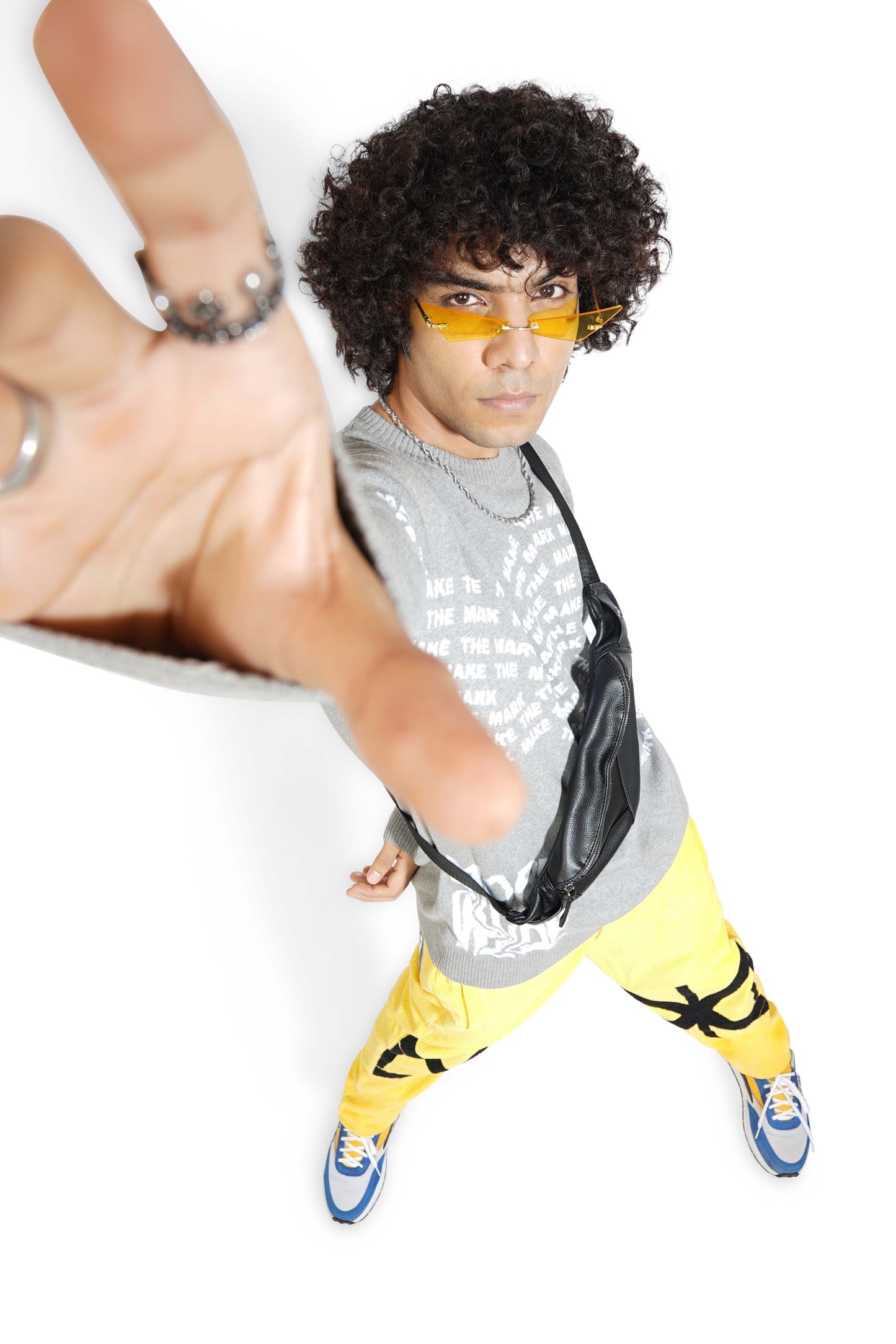 Smokey Grey Graphic Knitted Sweatshirt & Sporty Yellow Monogram Pants Set