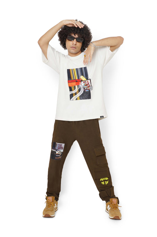 Cane Beige Graphic T-Shirt & Nut Brown Utility Cargo Track Pants Set