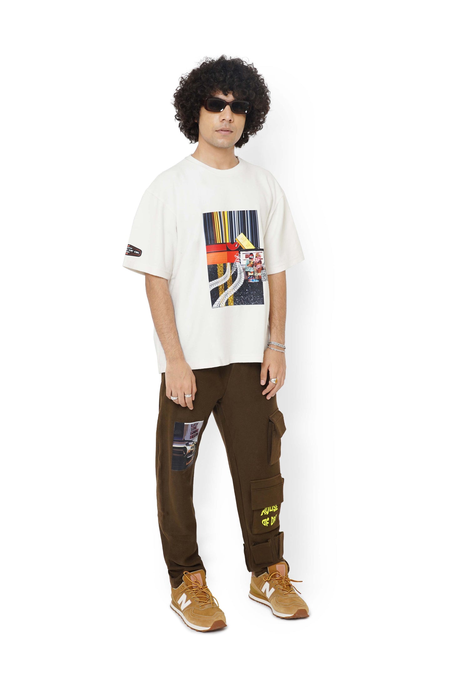 Cane Beige Graphic T-Shirt & Nut Brown Utility Cargo Track Pants Set