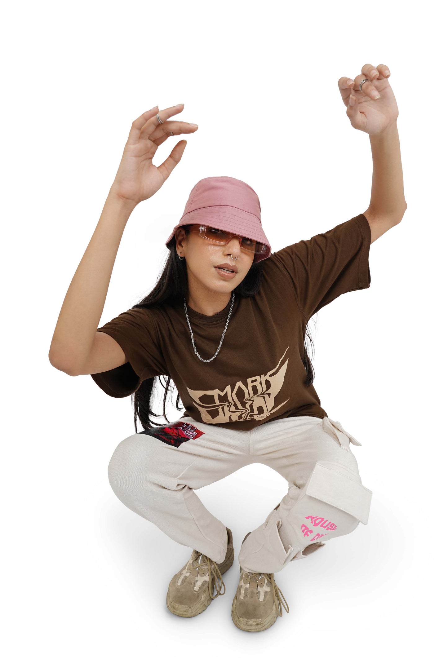 Nut Brown Mark T-Shirt & Cane Beige Utility Cargo Track Pants Set