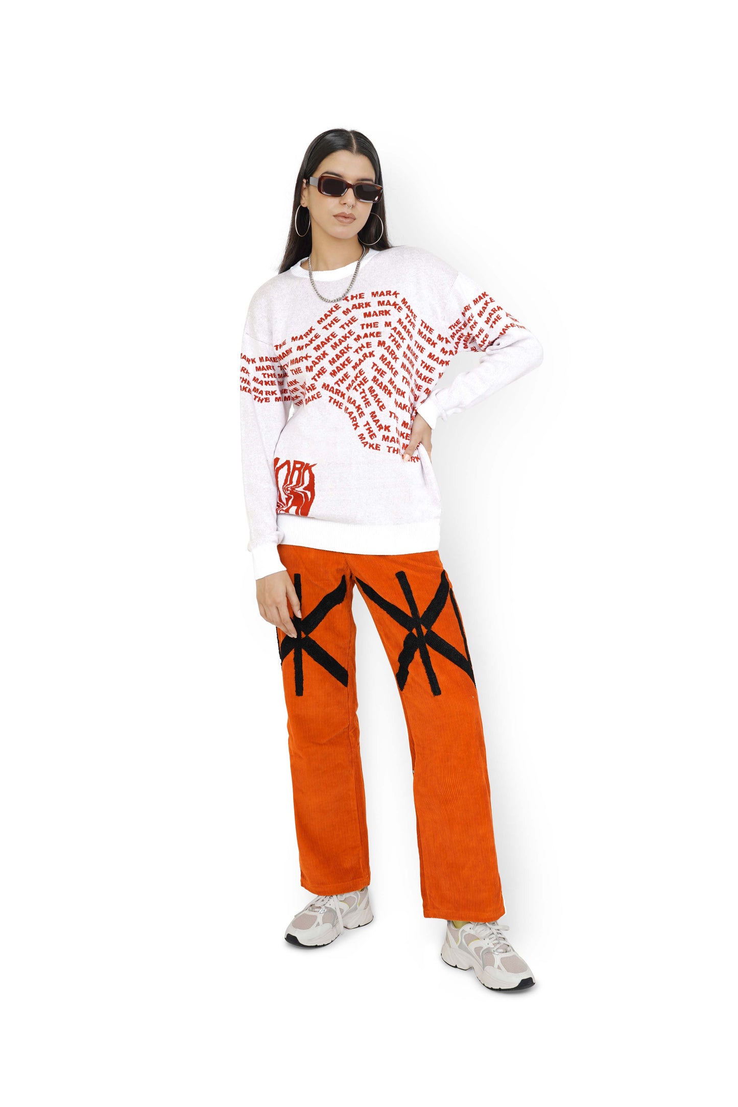 Orange Tan Graphic Knitted Sweatshirt & Monogram Pant Set